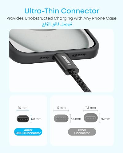 Anker Zolo USB C to USB C Cable, Braided and Dirt-Free Type C Fast Charging Cable, Slim Connector, for iPhone 17/16/15 Series, Samsung S25/S24/S23, Huawei, Honor and More (240W) (Black, 6ft)