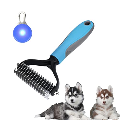 Pet Grooming Tool – 2 Sided Undercoat Rake for Cats & Dogs with Clip-on Dog Cat Collar Lights – Safe Dematting Comb for Easy Mats & Tangles Removing Pet Grooming Tool – 2 Sided Undercoat Rake for Cats & Dogs with Clip-on Dog Cat Collar Lights – Safe Dematting Comb for Easy Mats & Tangles Removing