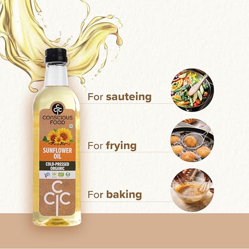 Image of Conscious Food Cold Pressed Sunflower oil in Pet bottle | High in Antioxidants, Delicious & Healthy | Sunflower Cooking Oil - 500ml