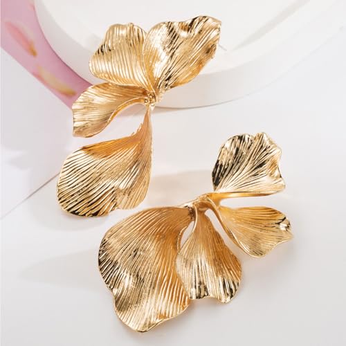 Big Gold Statement Earrings for Women Chunky Gold Earrings for Women Trendy Silver Large Flower Ginkgo Leaf Floral Earring Long Drop Dangle Earring Chunky Silver Jewelry3