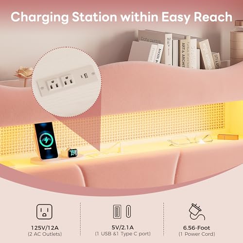 Image of LIKIMIO Full Upholstered LED Bed Frame with 2 Storage Drawers and Bookcase Storage Headboard, Velvet Princess Platform Bed with Charging Station, Heavy Duty Metal Support, No Box Spring Needed, Pink