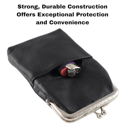 Skyway Leather Cigarette Case for 100\'s Pack Holder with Zipper Pouch for Women - Lighter Storage Pocket - Carry Money, Cards and Coins - Metal Twist Clasp - Black Elegant Stylish Durable
