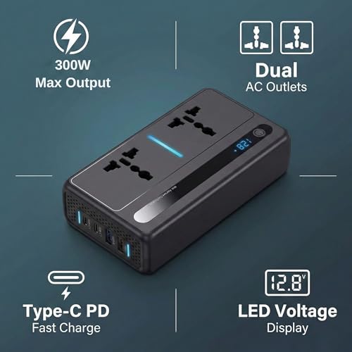 Image of YOURKARTS.COM 300W Car Power Inverter 12V DC to 220V AC Converter with 2 USB Ports + 2 Type-C Fast Charging + 2 AC Outlets + DC Socket | 7 Output Portable for Charger Laptop, Mobile, Travel