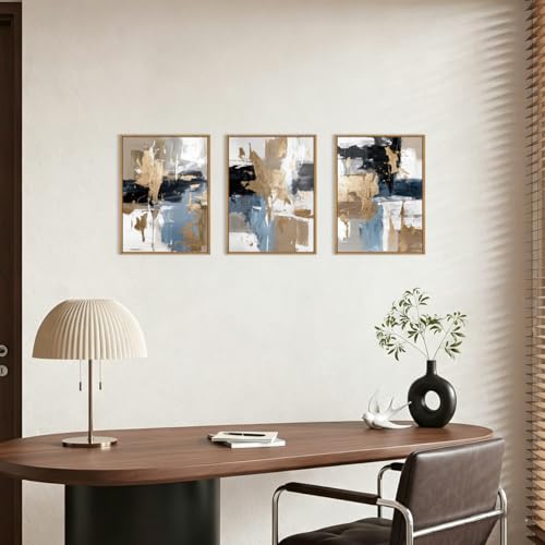 Image of KAIRNE Blue and Gold Abstract Framed Canvas Wall Art Set,Minimalist Brush Strokes Wall Decor,Modern Textured Art Prints,Neutral Brown Black Artwork for Living Room,Bedroom,Farmhouse,Office-12 x16 x3