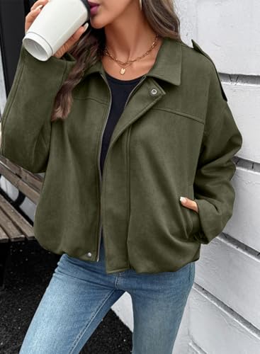 EVALESS Womens Faux Suede Bomber Jackets Long Sleeve Fall Coats Zip Up Cropped Jacket Trendy Winter Warm Outerwear2