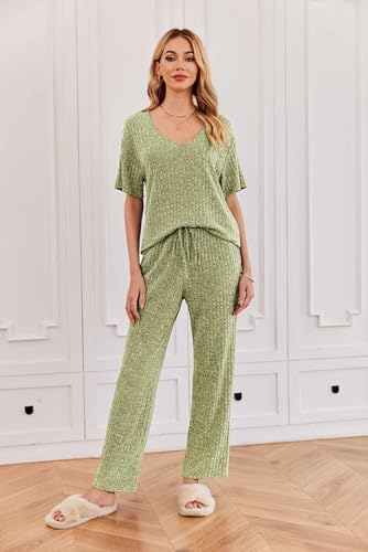 Image of Ekouaer Womens Ribbed Knit Lounge Set Short Sleeve Top and Long Pants Sleepwear Pajama Set Two Piece Matching Outfits Set
