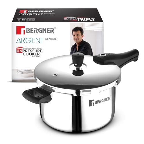 Image of Bergner Argent Elements Triply Stainless Steel 5.5 L Outer Lid Pressure Cooker, Healthy Cooking, Even Heat Distribution, Sturdy Handle, Easy Lock System, Safety Gasket - Induction and Gas Stove Ready