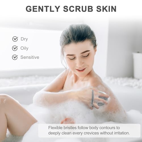 Image of FREATECH Silicone Body Scrubber with Loop Handle, Gentle Exfoliating Bath Shower Scrubber Body Scrub Brush for Men Women Kids, Sensitive Skin, More Hygienic Than Loofah, Easy to Clean, Grey