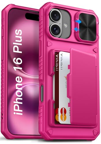 Image of Vihibii PC,Silicone For iPhone 16 Plus Case Wallet With Card Holder(4 Cards)[RFID Blocking] & Slide Camera Cover & Raised Edges Protect Screen,Shockproof Rugged Phone 5G 6.7 inch 2024,Pink