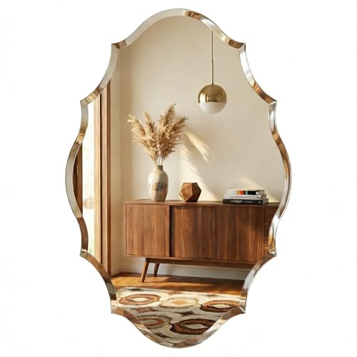 Pocetry 24 x 36 Inch Large Scalloped Oval Mirror, Frameless Beveled Shield Vanity...