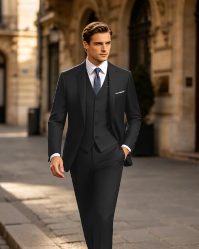 Image of LUPURTY Men's 3 Piece Suit with Bow Tie, One Button Slim Fit Tuxedo Set with Jacket Vest & Pants for Wedding Prom Business