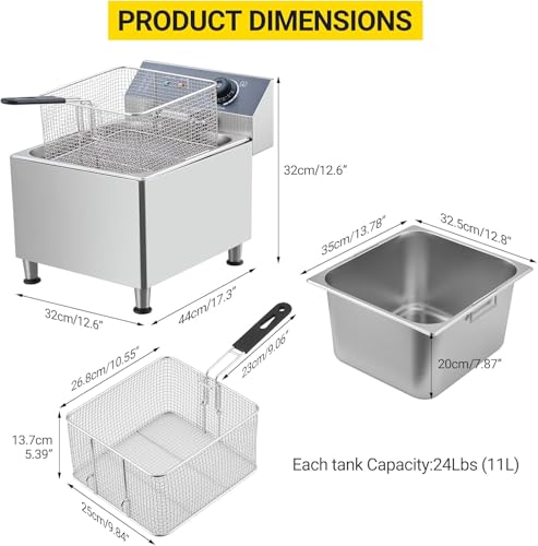 Electric Deep fryer Stainless Steel with Basket & Lid 2.0, Capacity 11L Countertop Fryers, for Home Kitchen and Restaurant Use with Large Thick Frying Basket and Lid, 1700 W, 110V