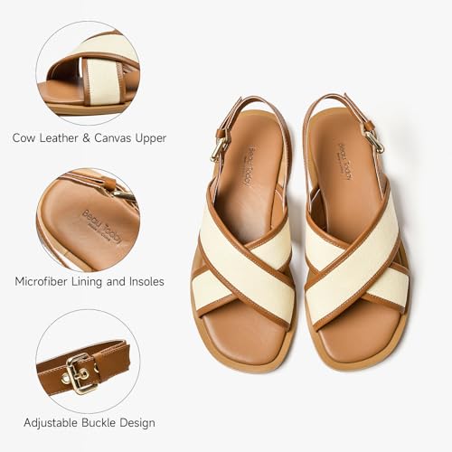 Image of BEAU TODAY Flat Sandals for Women,Women's Leather Sandals with 2 Strap,Peep Toe Summer Strap Sandals for Women,Open Toe Buckle Comfortable Dress Sandals Shoes for Women