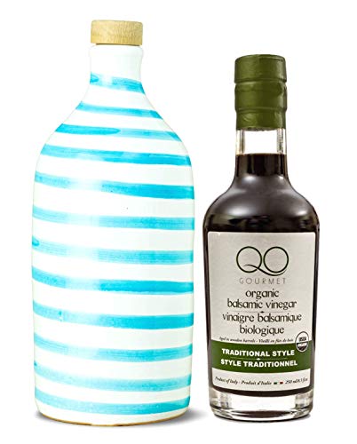 Olive Oil and Balsamic Vinegar Set | Frantoio Muraglia First Cold Pressed Italian Extra Virgin Olive Oil | CAPRI TURQUOISE Ceramic Bottle, & QO ORGANIC Traditional Thick Barrel Aged Balsamic Vinegar