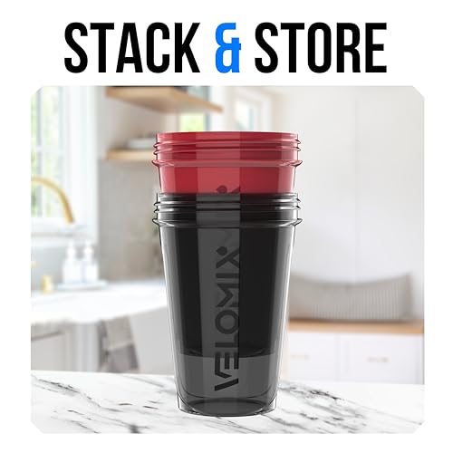 Image of VELOMIX -2 Pack- 20 oz Protein Shaker Bottles for Protein Mixes - 2x Wire Whisk | Leak Proof Shaker Cups for Protein Shakes and Pre Workout | Protein Shaker Bottle Pack (A3) Black /Red