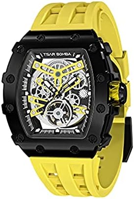 TSAR BOMBA Men's Watch Automatic Mechanical Japanese Movement with Silicone Watch Strap Luxury Watch for Men Tonneau Waterproof 5ATM Elegant Analog Wristwatch Men Gift