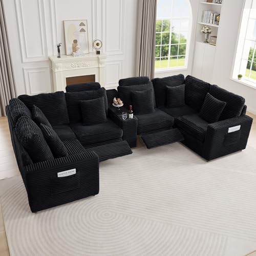 Image of RARZOE Modular Sectional Sofa with 2 Power Recliner, 6-Seater U-Shaped Corduroy Cloud Reclining Couch with Storage Console Charging Cup Holders, Fluffy Comfy Cloud Sofas Couches for Living Room, Black