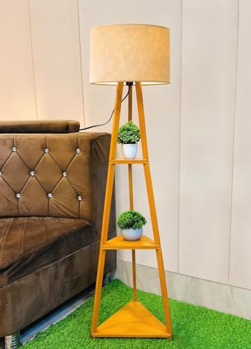 Image of Modern Wooden Triangle Floor Lamp with Shelves - 3-Tier Standing Lamp with Fabric Shade, Corner Shelf Light for Living Room, Bedroom, Study - Space Saving Decorative Lamp with Plant Stand