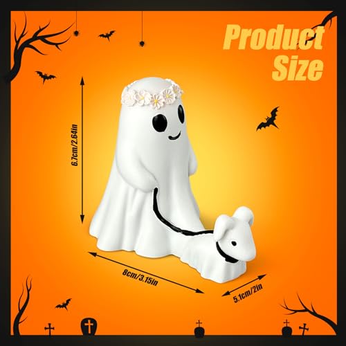 Qnynnty Geister Statue Mit Hund Halloween Geister Figurine Niedlicher Ghost Walking Dog Ornament für Garten und Haus, Lustige Geister Hund Statue für Halloween Hof Deko