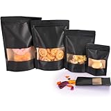 100 Stück schwarze Kraftpapiertüten mit Fenster, 15 x 21,8 cm, Standbodenbeutel, mit Reißverschluss, Lebensmittelaufbewahrungsbeutel für Verpackungsprodukte, wiederverwendbar, verschließbar