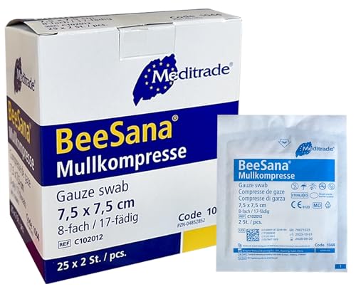 Sterile Kompressen 7.5x7.5 cm 50 Stück Nicht klebende Wundauflagen Mullkompressen Steril 8 Lagen Verbandsmaterial Wundkompressen zur Wundversorgung Blutabsorbtion und Sekretaufnahme (7.5 x 7.5 cm)