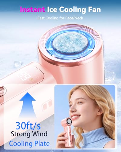 Image of DRORION Portable Mini Fan with Ice Cooling Function, 199 Speed Adjustable Handheld Fan, Rechargeable Personal Fan with Digital Display, Quiet Desk Fan for Travel, Office, Outdoor, Summer,Pink