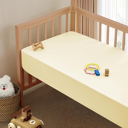Image of Vonty 2 Pack Breathable Fitted Crib Sheet for Boys and Girls - Rayon Derived from Bamboo, White & Beige Crib Sheets Neutral Crib Mattress Sheet Organic Crib Sheets for Baby(52 inch x 28 inch)