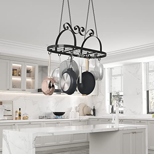 Tickcacy Pot And Pan Hanging Rack, Oval Ceiling Pot Rack With Grid, Pan Rack Hanging With Hooks, Ceiling-Mounted Pot And Pan Holder For Cookware, Utensils, Books, Toiletries, Plant(34 Inches) #TOP6