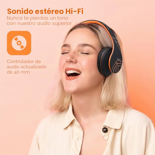 Miniatura 8 de Powerlocus P2 Auriculares Bluetooth Inalambricos De Diadema Cascos Plegables, Casco Bluetooth Con Sonido Estéreo Micro Sd Tf, Fm Con Micrófono Y Audio Cable Para Movil, Pc, Tablet - Naranja