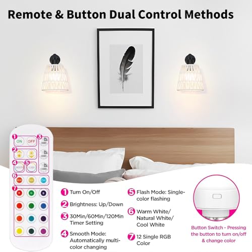 Image of Boho Battery Operated Wall Sconce Set of 2, White Rattan Rechargeable Wall Lights with Dimmable Bulbs and Remote,15 Colors Wireless Wall Lamps for Bedroom Living Room Hallway Decor