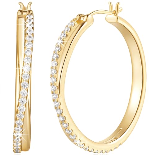 Hoop Earrings 14K Hoop Gold Earrings for Women Thick Large Diamond Hoops Earring Elegant X-shaped Gold Huggie Earring 30mm