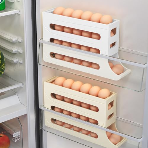 Eierhalter für Kühlschrank, 4 Etagen Automatisch Rollender Eierbehälter für Kühlschrank, Große Kapazität, Eierhalter für 30 Eier, kühlschrank Organizer für Eieraufbewahrung (Weiß)