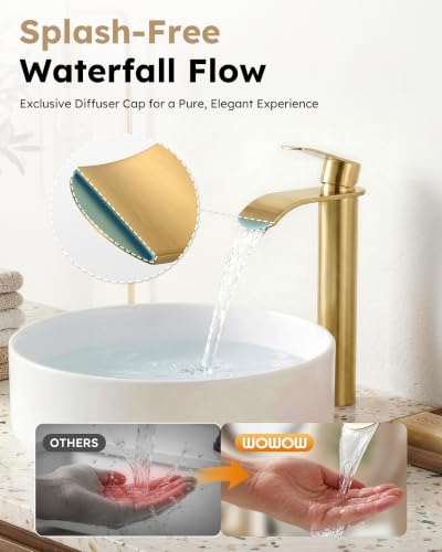 Vessel Sink Faucet Gold for Bathroom:WOWOW Single Handle Tall Bathroom Faucet - Waterfall Single Hole Mixer Bar Tap with Large Rectangular Spout, Deck Mount Lavatory Vanity with Pop Up Drain - image 3