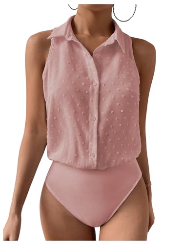 MakeMeChic Womens Dressy Bodysuit Shirt Collared Swiss Dots Sleeveless Button Down Tank Tops Dusty Pink Large