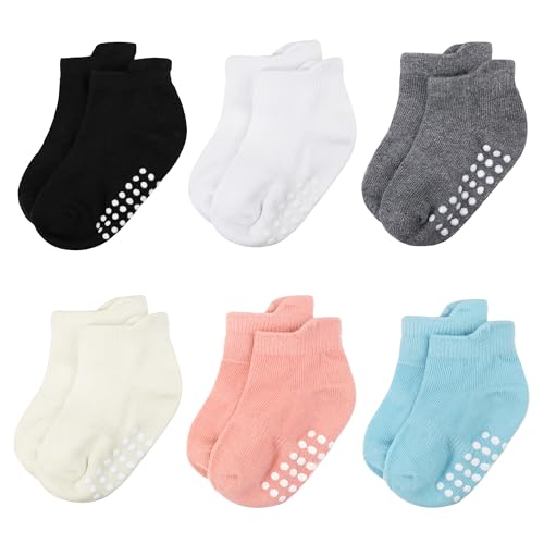 Jealkip 6 Pairs Baby & Toddler Cotton Non-Slip Ankle Socks - Non-Slip Grip, For Boys & Girls, 0-6 Months (Black/White/Gray/Cream/Apricot/Cyan)