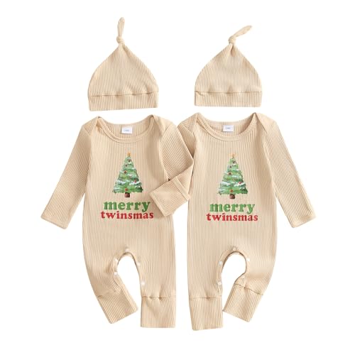 Image of YOKJZJD Newborn Baby Girl Boy Twins Christmas Matching Outfits Knitted Romper Mitten Cuffs Jumpsuit with Hat Fall Clothes