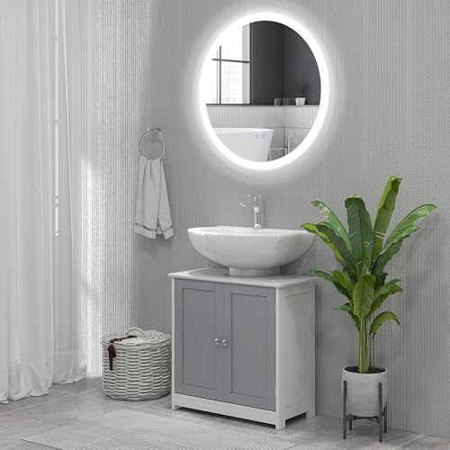 kleankin Set Bagno 2 Pezzi con Mobile Sotto Lavabo a U 60x30x60 cm con Mensola Regolabile e Specchio Bagno LED Ø70x3 cm a 3 Colori