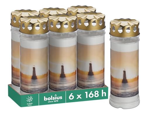 Bolsius - Luz de tumba – Blanco – Juego de 6 unidades – Faro – Longitud de la combustión 7 días – Vela de luto & Memorial – con diseño – Sin aceite de palma – Nº 7 – 20 x 7,5 cm