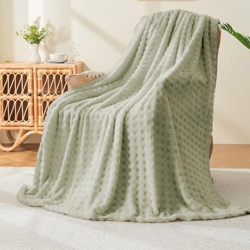 Wajade Fleece Throw Blanket Fluffy Faux Fur Blanket for Bed Sofa Couch Soft Warm Thick Blanket waffle Sage Green-127X178