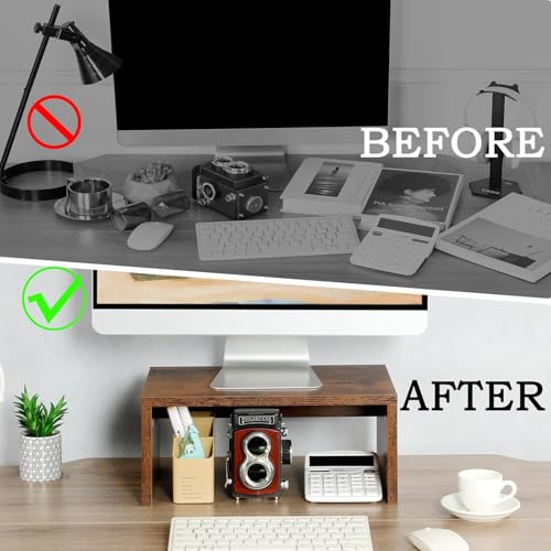 Image of Higher Monitor Stand Riser, Wood Monitor Riser with Storage for Desk Small Monitor Stand TV /Screen /PC /Laptop Riser Computer Stand Desktop Shelf (Brown)