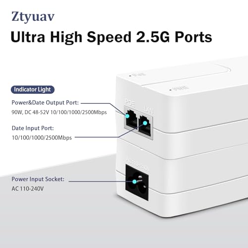 Image of 2.5Gbps PoE Injector 60W Power Over Ethernet Adapter with 2 Ports, IEEE 802.3af /at /bt Compliant - Distance Up to 100 Meters, 2.5G PoE Adapter Ideal for Camera, TV and IP Phone, White