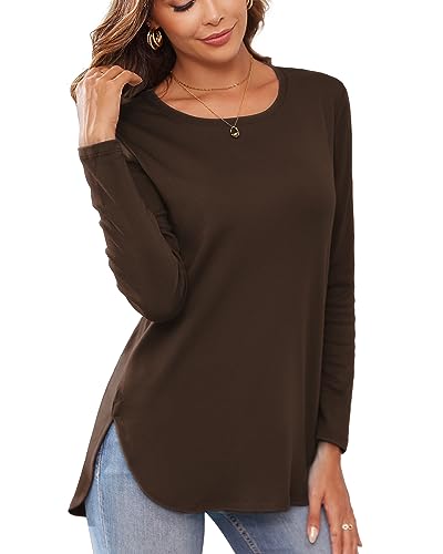 Image of Herou Women's Casual Long /Short Sleeve T Shirt Crewneck with Side Split Fall Pullover Loose Tunic Sweater Tops