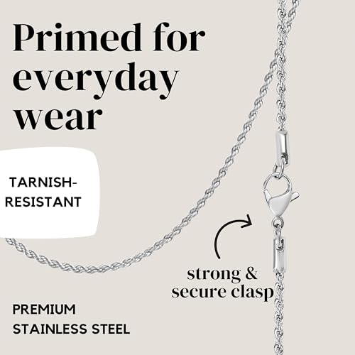 KISPER 24k White Gold Rope Chain Necklace –Thin, Dainty, White Gold Plated Stainless Steel Jewelry for Women & Men with Lobster Clasp4