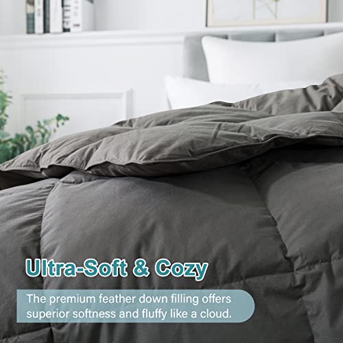 Whatsbedding All Season Feathers Comforter Full- Luxurious Hotel Collection Bed Comforter - 100% Cotton Cover Dark Grey Medium Warmth Duvet Insert With Corner Tabs -82X86 Inch #TOP3