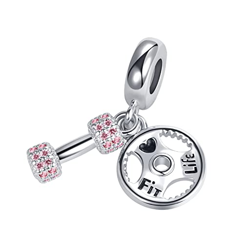 Pink Dumbbell Barllbell Gym Workout Charm for Pandora Bracelets Sports Barbell CZ Bead2