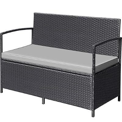Flamaker Patio Loveseat Wicker Outdoor Furniture, All Weather Rattan Conversation Bench Chair with Large Storage Capacity and Cushions for Backyard, Outside Patio Porch (Black)