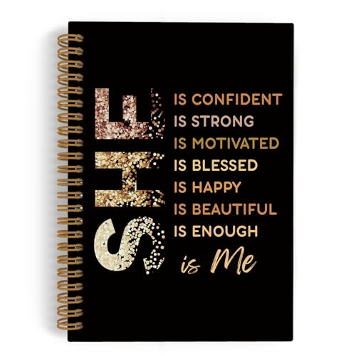 QLMX Gold She Is Me Affirmations Spiral Notebook, Inspirational Self Care Journal Notebook, Self Love Notebooks for School Work, Positive Office Supplies Gifts for Women Girls Friends, 5.5x8.3 Inch