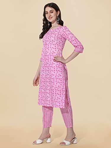 Image of MIRCHI FASHION Women Straight Cotton Blend Jaipuri Print Kurti Set with Pant (K9342 - Pink, White - S)