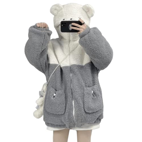 Aobiono Women Kawaii Bear Ears Hoodie Fleece Jacket Plush Fuzzy Coat Girl Anime Cute Aesthetic Preppy Fluffy Japanese Korean (Polar Bear White Gray,XXL,XX-Large)