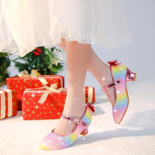 Image of Dufannie Girls Dress Shoes Low Heel Princess Flats Mary Jane Flower Wedding Party Glitter Shoes for Kids Toddler